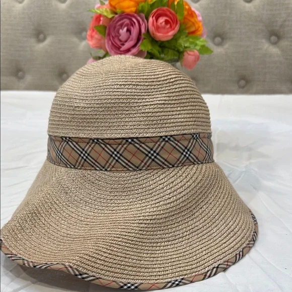 Betmar New York Raffia Hat with Burberry like plaid lining and trim Burberry TB Raffia-Effect Crochet Bucket Hat – evaChic main image 4